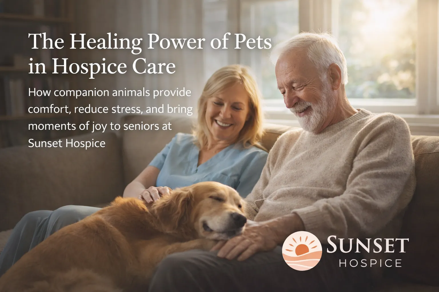 A compassionate hospice content specialist and a patient experiencing the meaningful benefits of pets for seniors by petting a calm golden retriever.