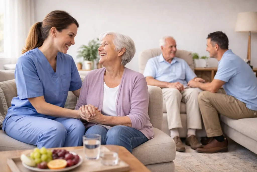 A professional caregiver providing in-home respite care for an elderly woman in a comfortable living room setting.